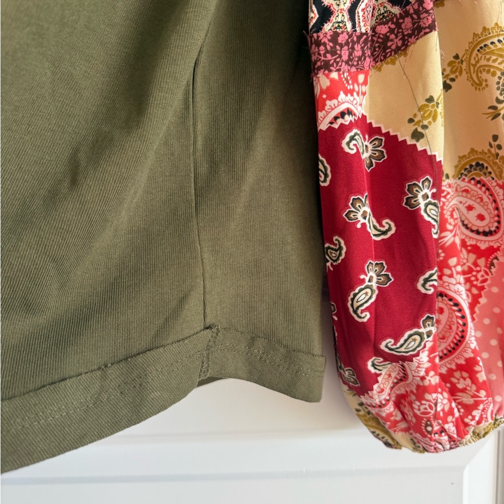 Easel Boho Olive Top Patchwork Balloon Sleeves NW… - image 8